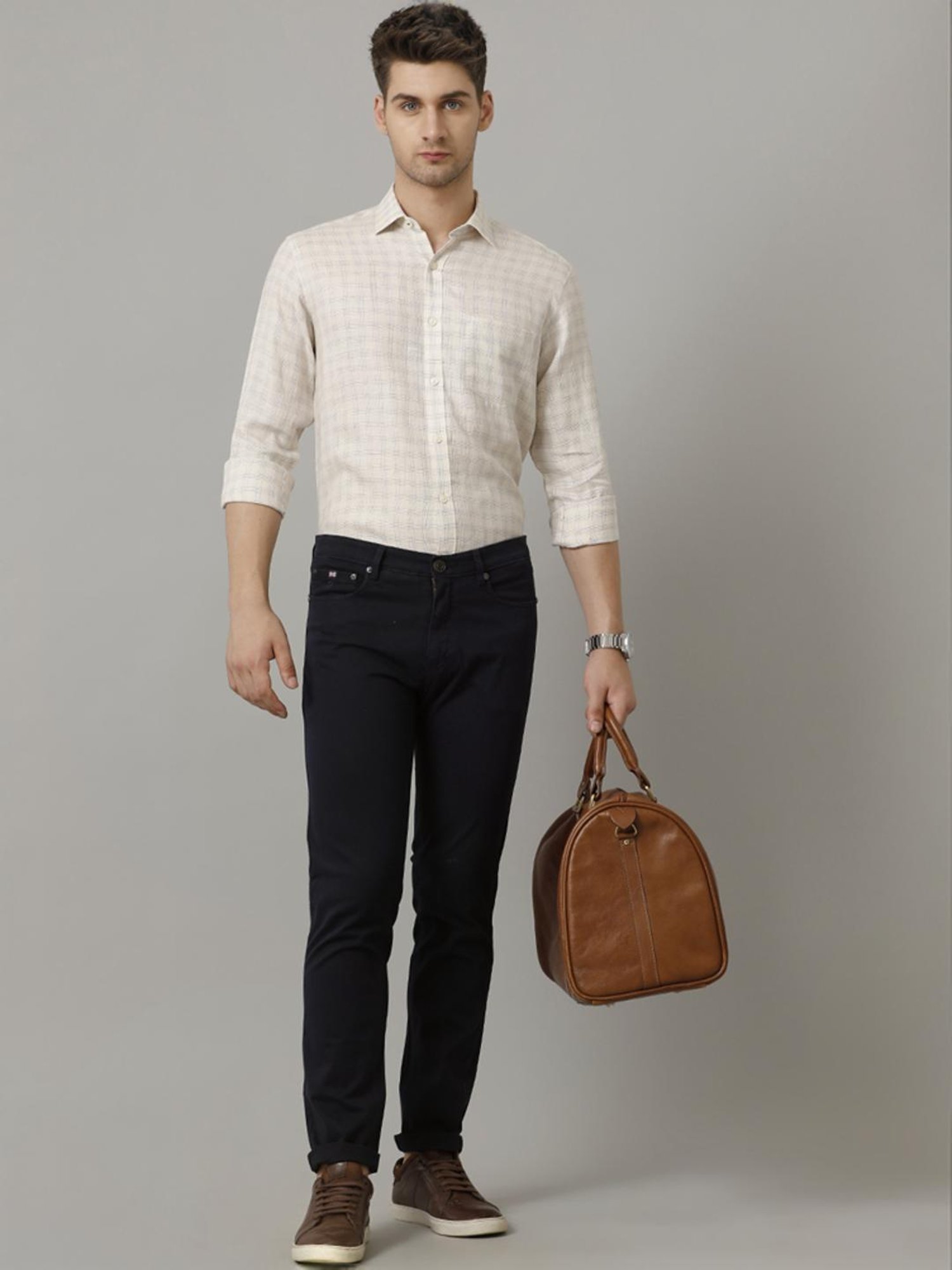 Linen Club Beige Linen Contemporary Fit Checks Shirt