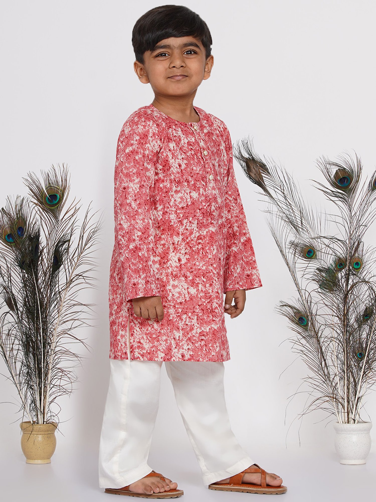 Little Bansi Kids Red & Cream Printed Kurta with Pants