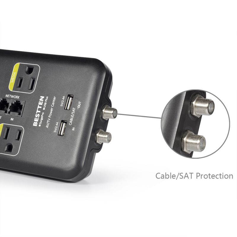 BESTTEN 10 Outlet All-In-One Surge Protector Power Strip with 2 USB Charging Ports (3.1A Total) and Phone/Ethernet/Coaxial Protection, 9-Foot Ultra Long Extension Cord, 3800 Joules, ETL Listed, Black