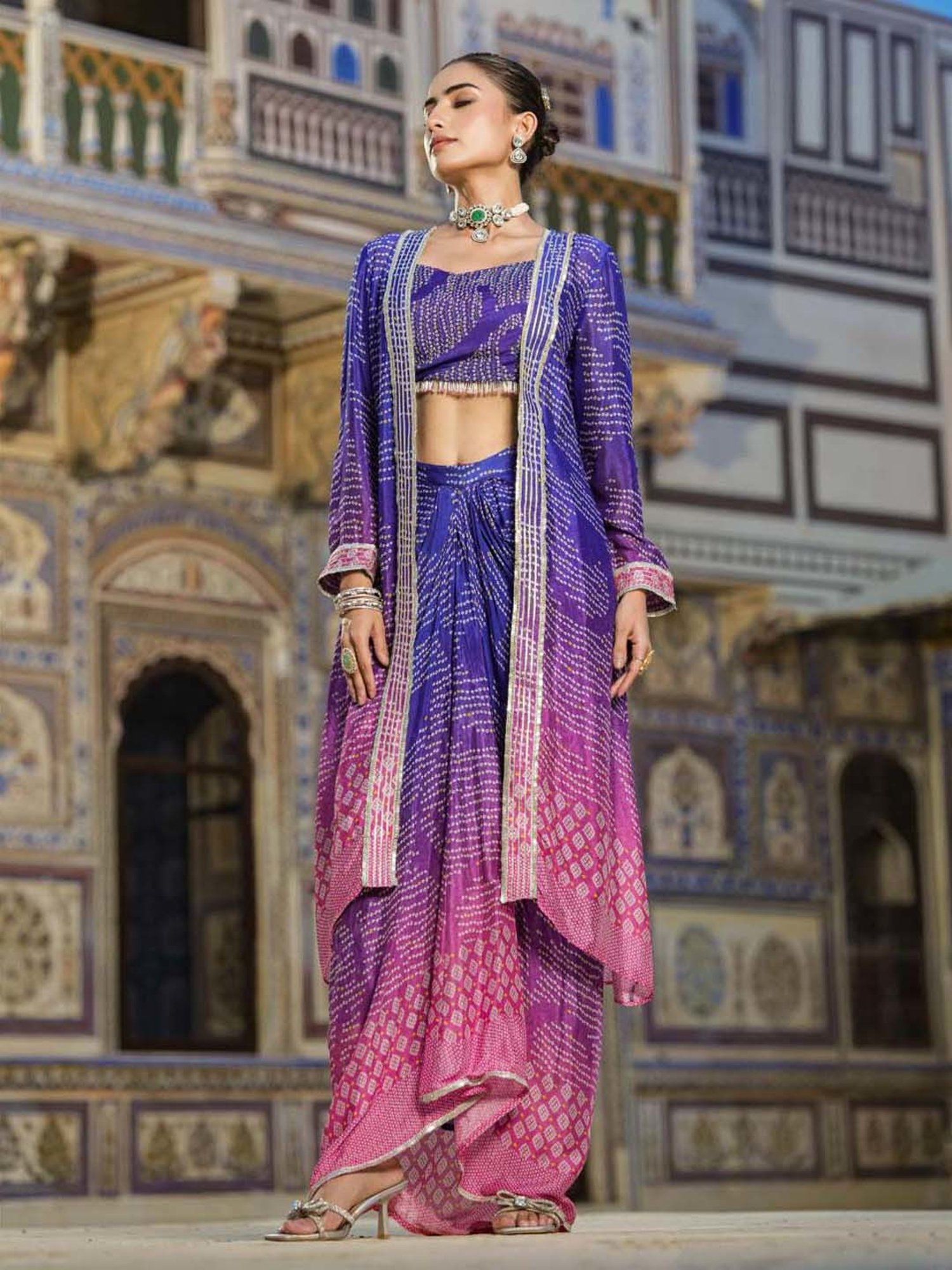 SCAKHI Blue Printed Lehenga Choli Set With Jacket