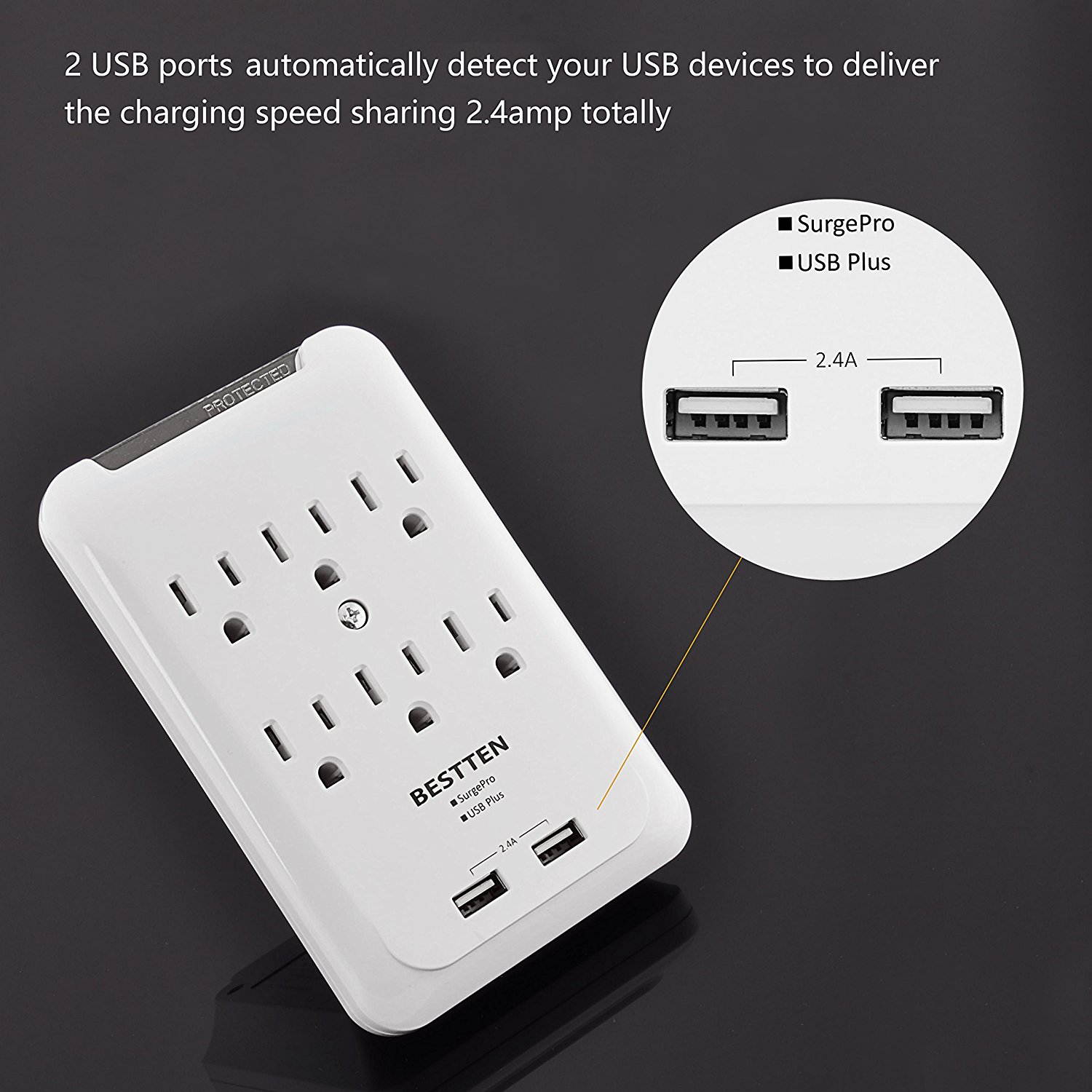 BESTTEN 6 Outlet Wall Tap Adapter, Mountable Surge Protector with Dual USB Charging Ports (2.4A Totally) and 6 AC Plugs, ETL Certified, White