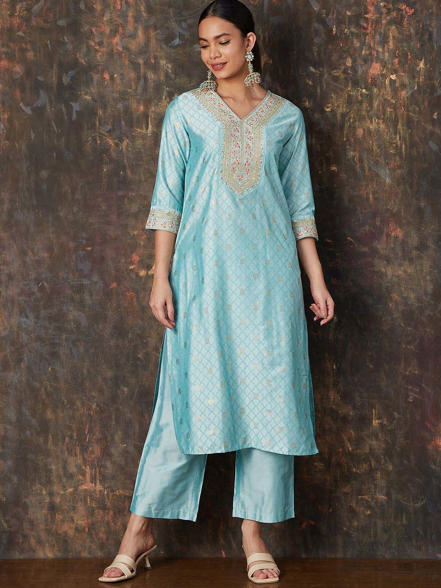 Melange by Lifestyle Blue Embroidered Kurta Pant Set With Dupatta