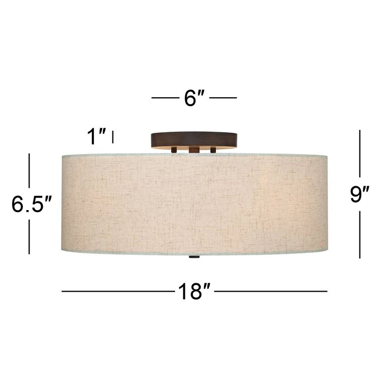 Regency Hill Modern Ceiling Light Flush Mount Fixture Bronze 18" Wide Off White Oatmeal Fabric Drum Shade Bedroom Kitchen Hallway