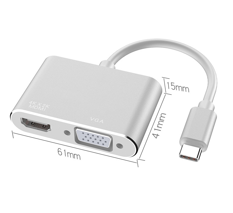 USB3.1 Type-c To HDMI + VGA Adapter AV Cable HD 4K 1080P - Silver