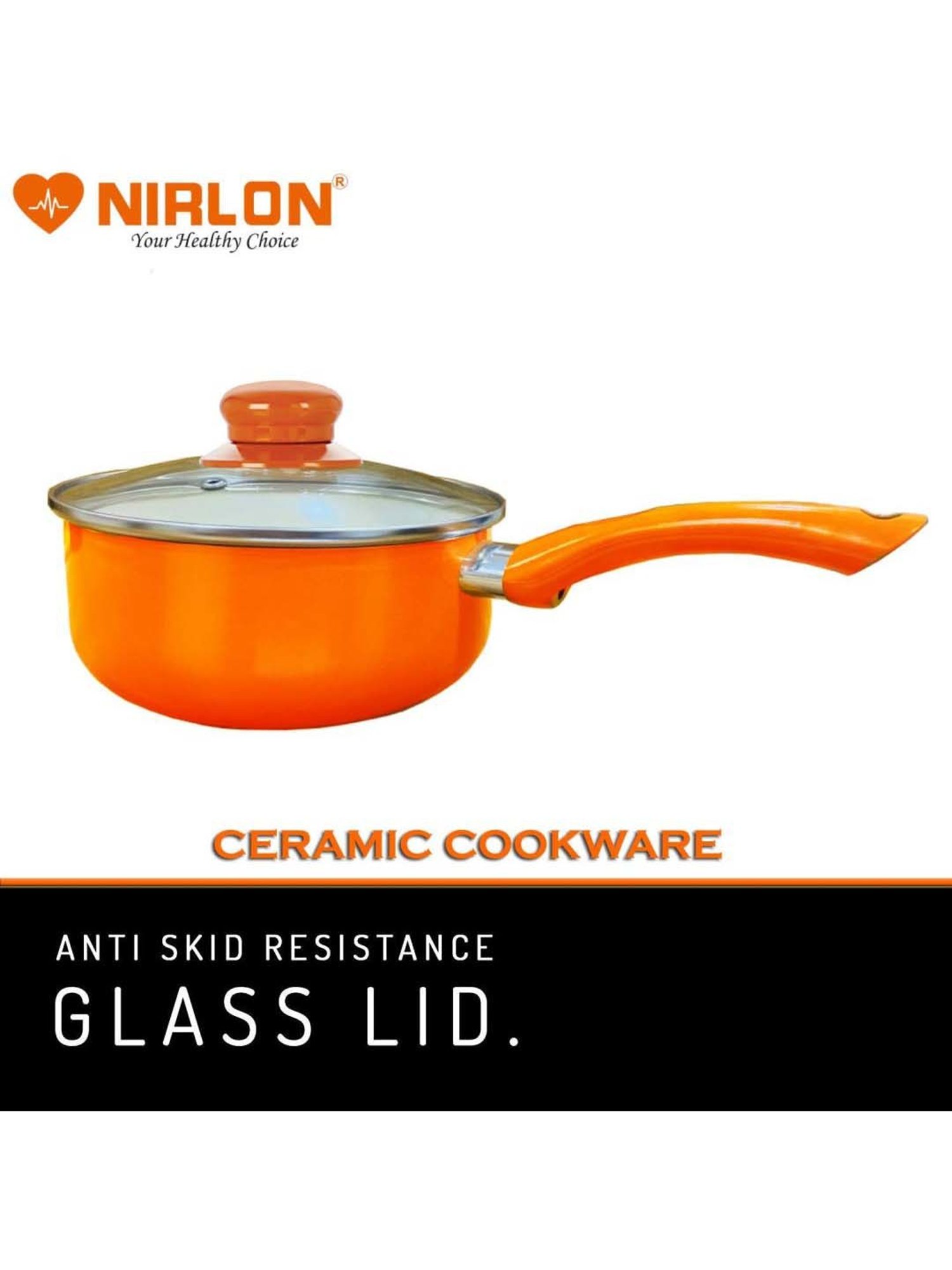 Nirlon Orange Aluminium 18 cm Induction & Gas Non-Stick Saucepan With Glass Lid (2.2 L)
