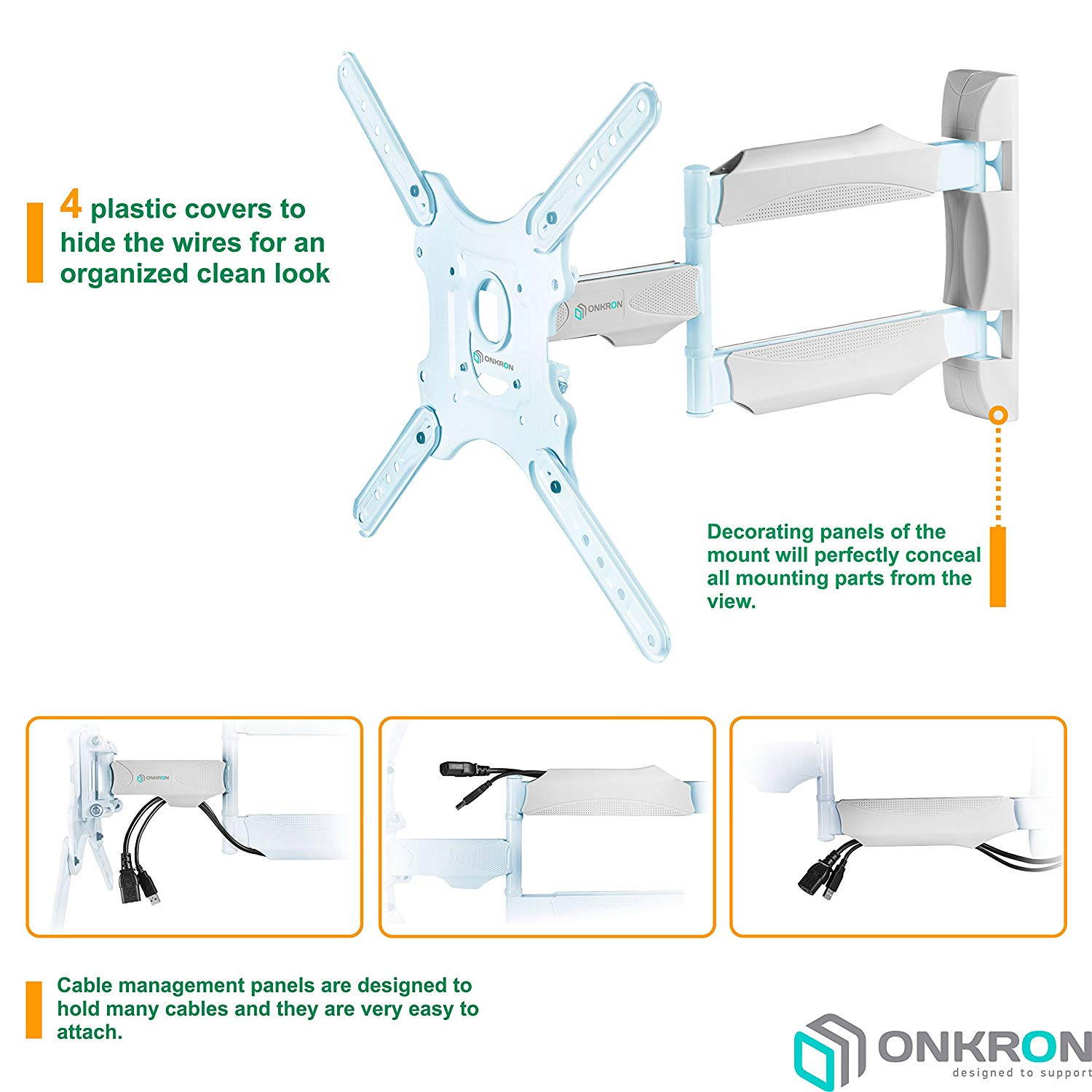 ONKRON TV Wall Mount Bracket Full Motion for 32" to 55-inch LCD LED OLED Flat Screens up to 77 lbs with Extendable Adjustable Swivel Arm White M4