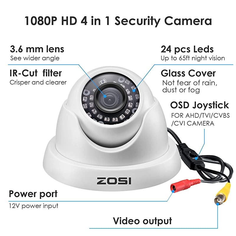 1080P 1920TVL Hybrid 4in1 TVI CVI AHD CVBS Security Surveillance CCTV 20MP HD Dome Camera Weatherproof 65ft IR Day Night Vision For HDTVI AHD CVI and CVBS 960H analog DVR System White