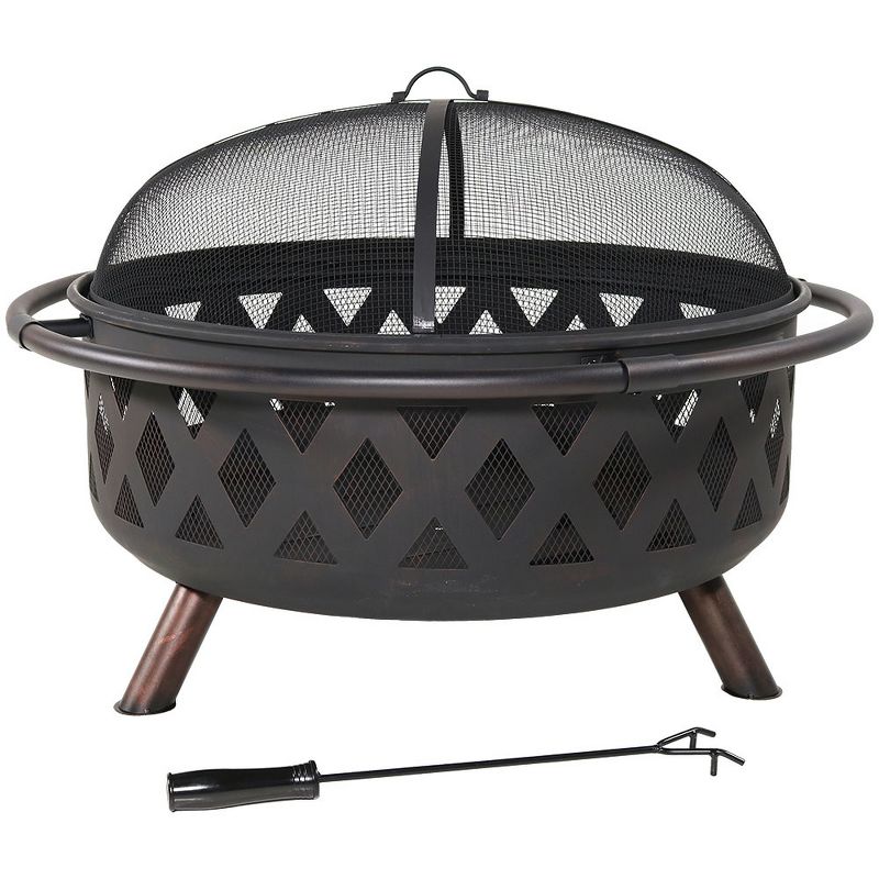 Sunnydaze Outdoor Camping or Backyard Round Crossweave Cut Out Fire Pit with Spark Screen, Log Poker, and Cover - 36"