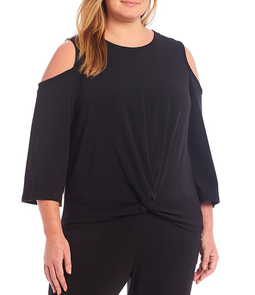 MICHAEL Michael Kors Plus Size Brush Back Knit Terry Jewel Neck Cold Shoulder 3/4 Sleeve Twist Hem Top