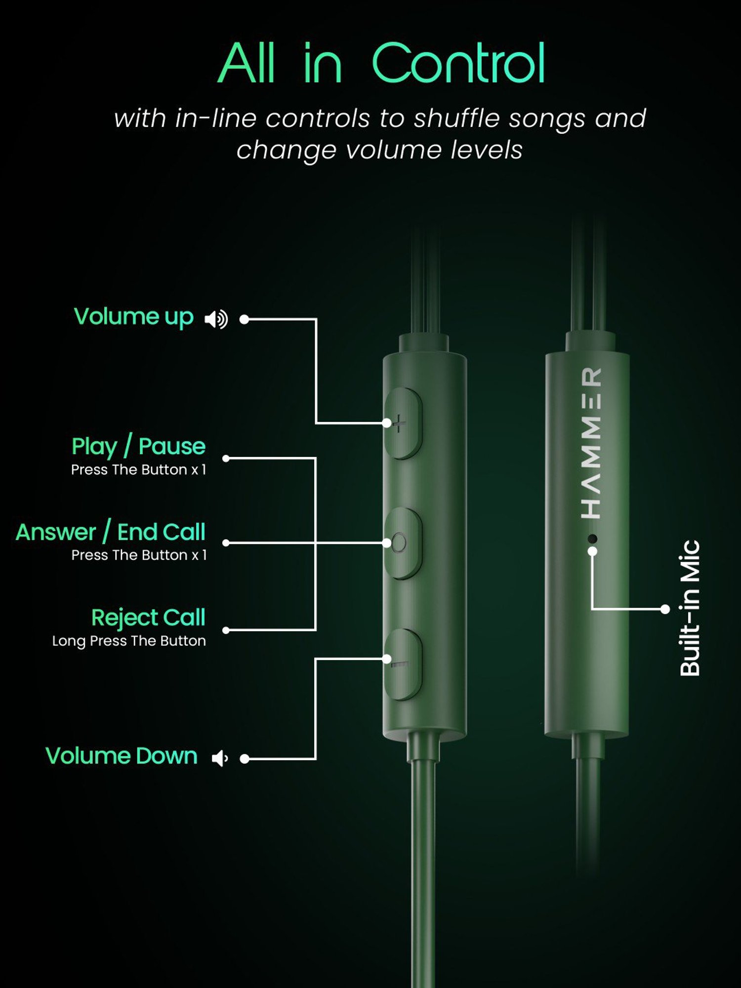 Hammer Nova in Ear C Type Wired Earphones with Mic, In-line Control, Powerful Bass (Green)