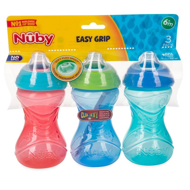 Nuby Cup 3pk Click-It Soft Spout  Cup - Aqua/Blue/Red - 10oz