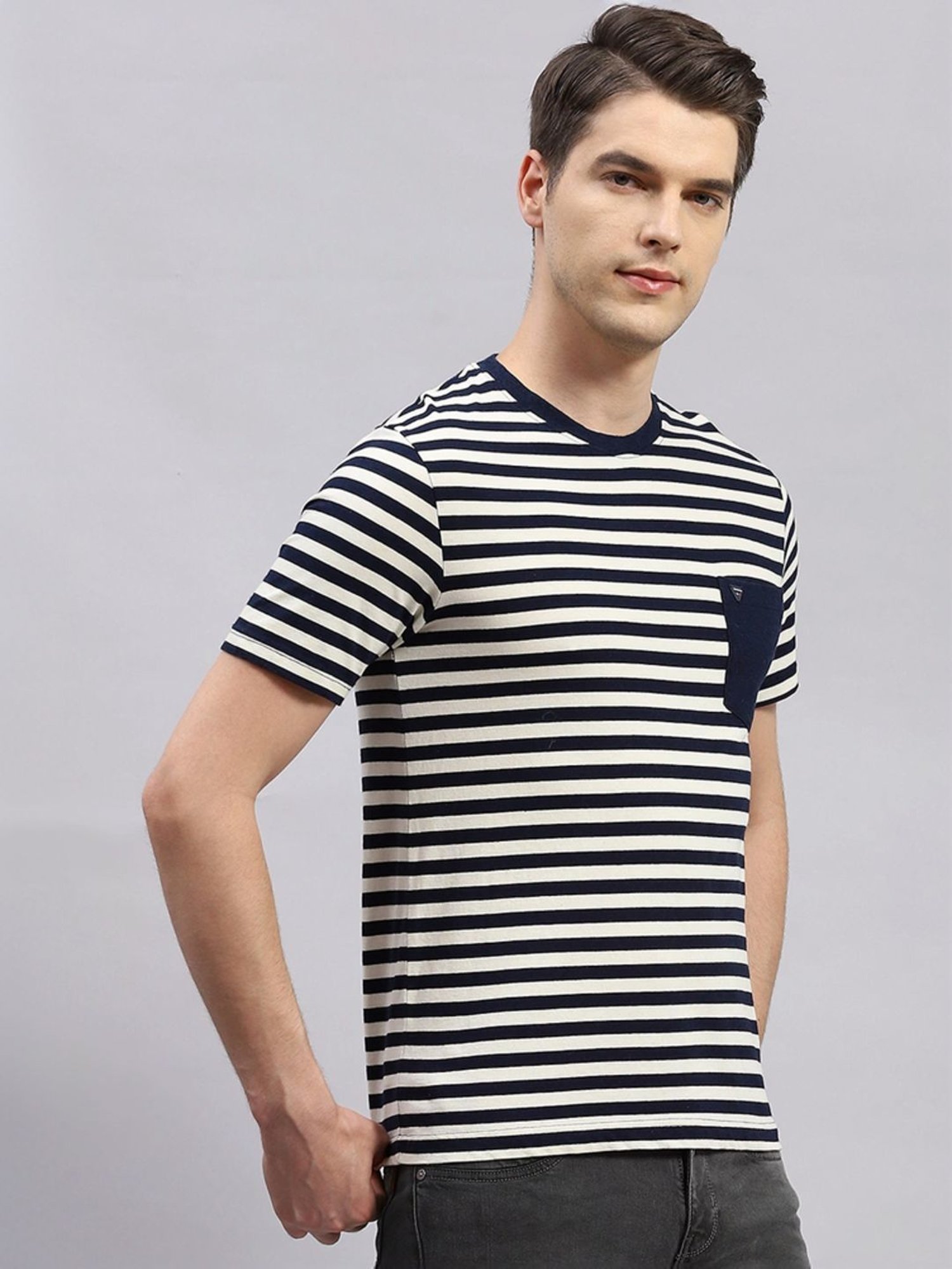 Monte Carlo Navy Blue Regular Fit Striped T-Shirt