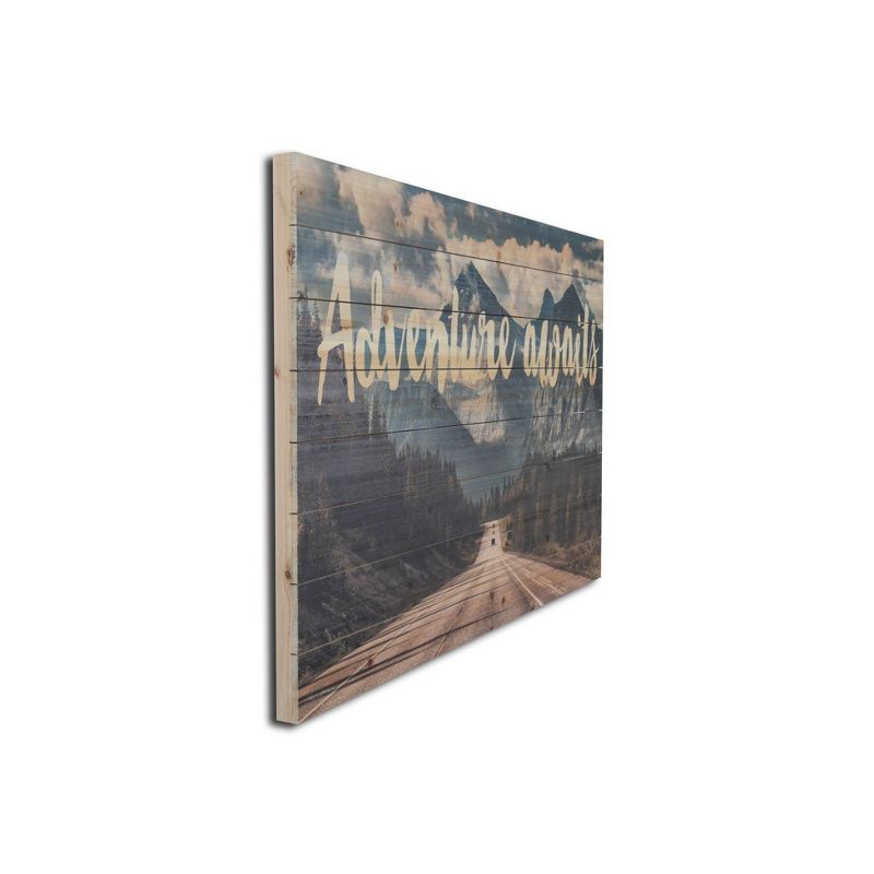 24" x 36" Adventure Awaits Mountains Print on Planked Wood Wall Sign Panel - Gallery 57