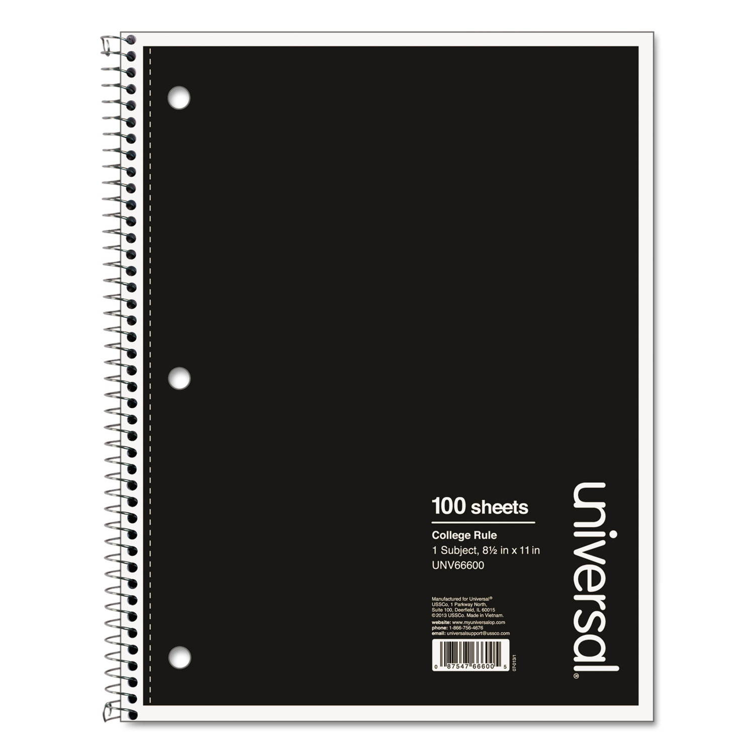 Universal 1 Sub. Wirebound Notebook 11 x 8 1/2 College Rule 100 Sheets Black