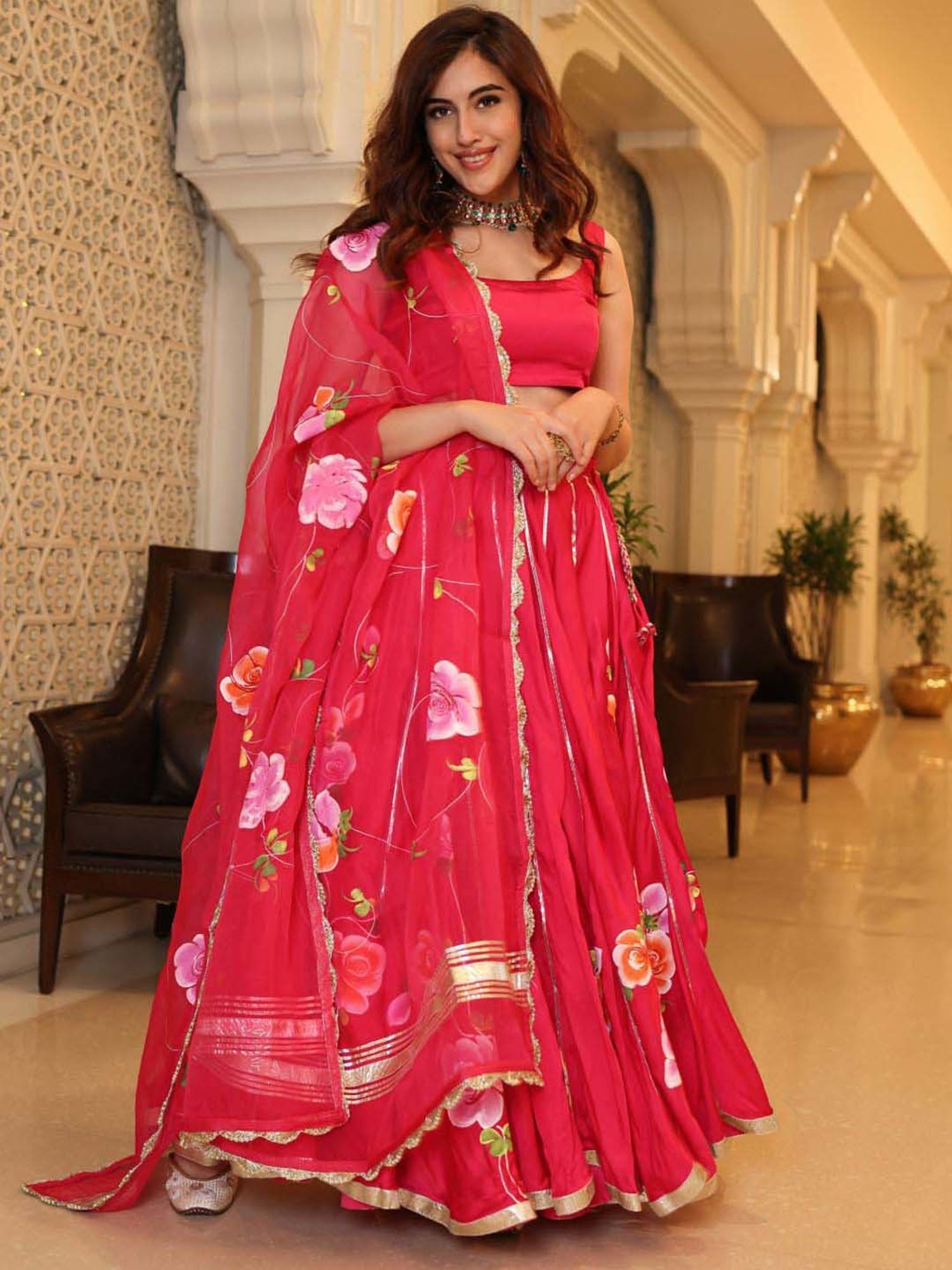 AACHHO Pink Floral Print Lehenga Choli Set With Dupatta