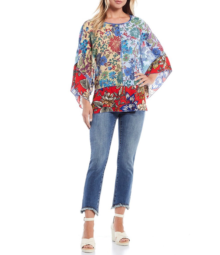 John Mark Mixed Media Floral Print Dolman Sleeve Top
