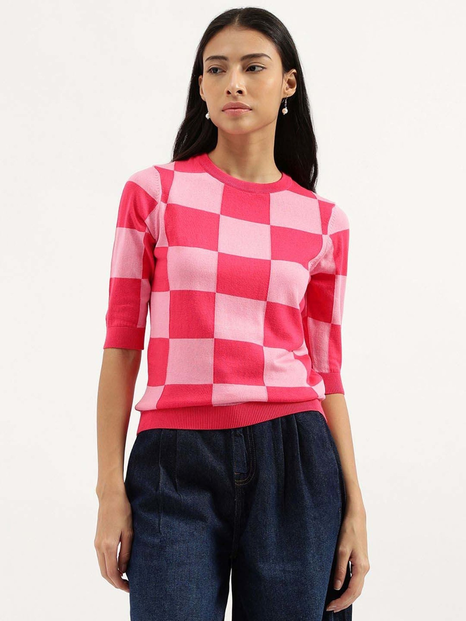 United Colors of Benetton Pink Cotton Chequered Top