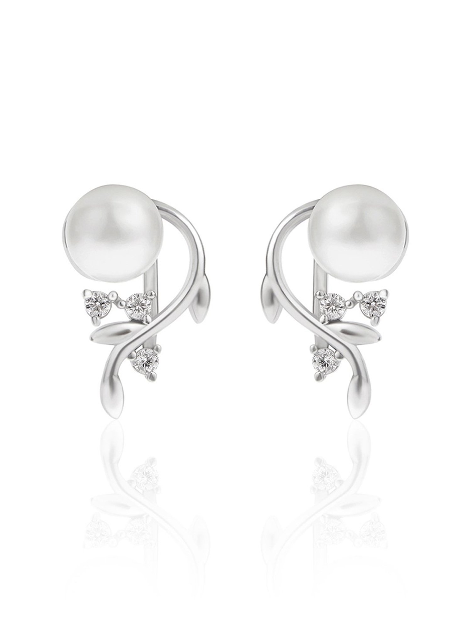 March by FableStreet 92.5 Sterling Silver Freshwater Pearl Zircon Studded Leaf Earrings for Women