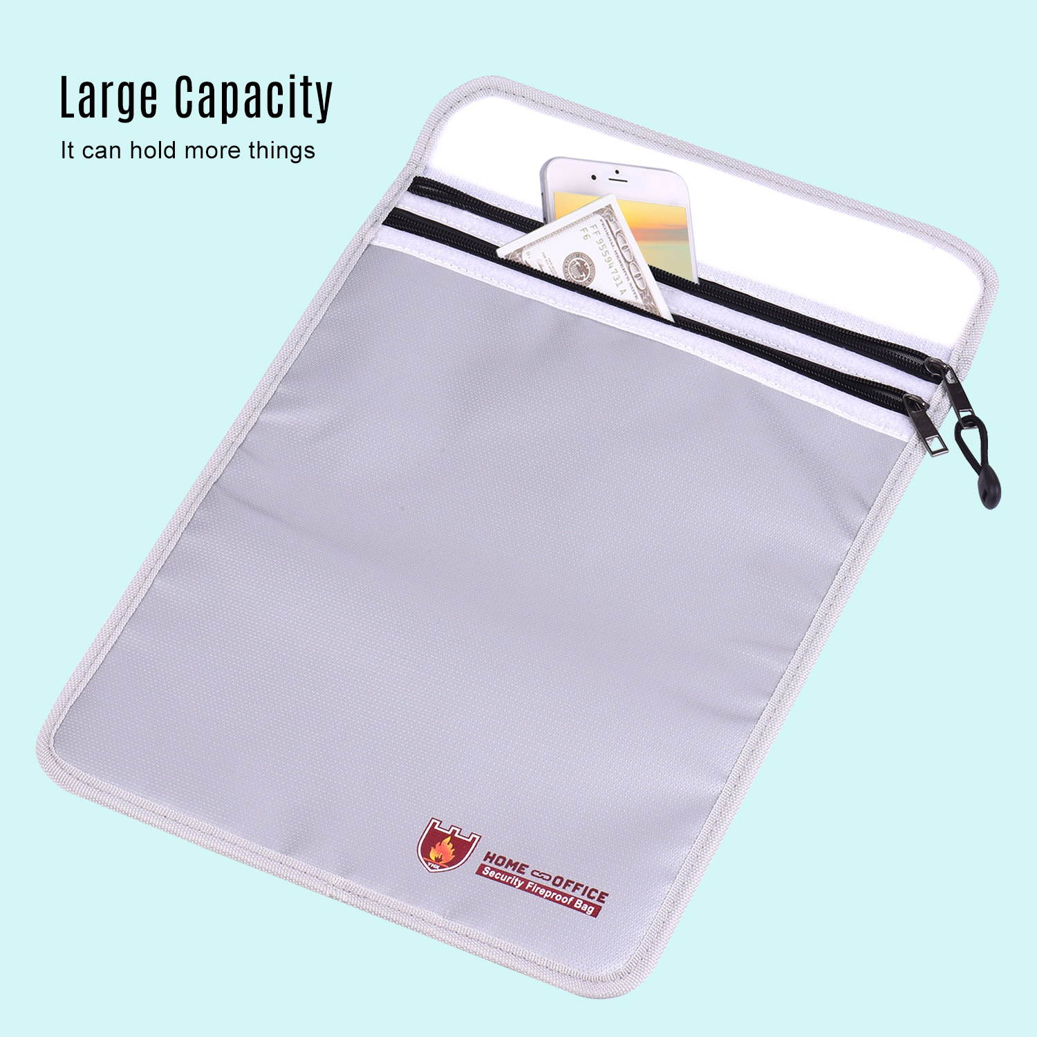 Double Zipper Fireproof Document Bag Pouch Organizer Silicone Coated Fire Water Resistant Safe Storage for Cash Documents Jewelry Passport