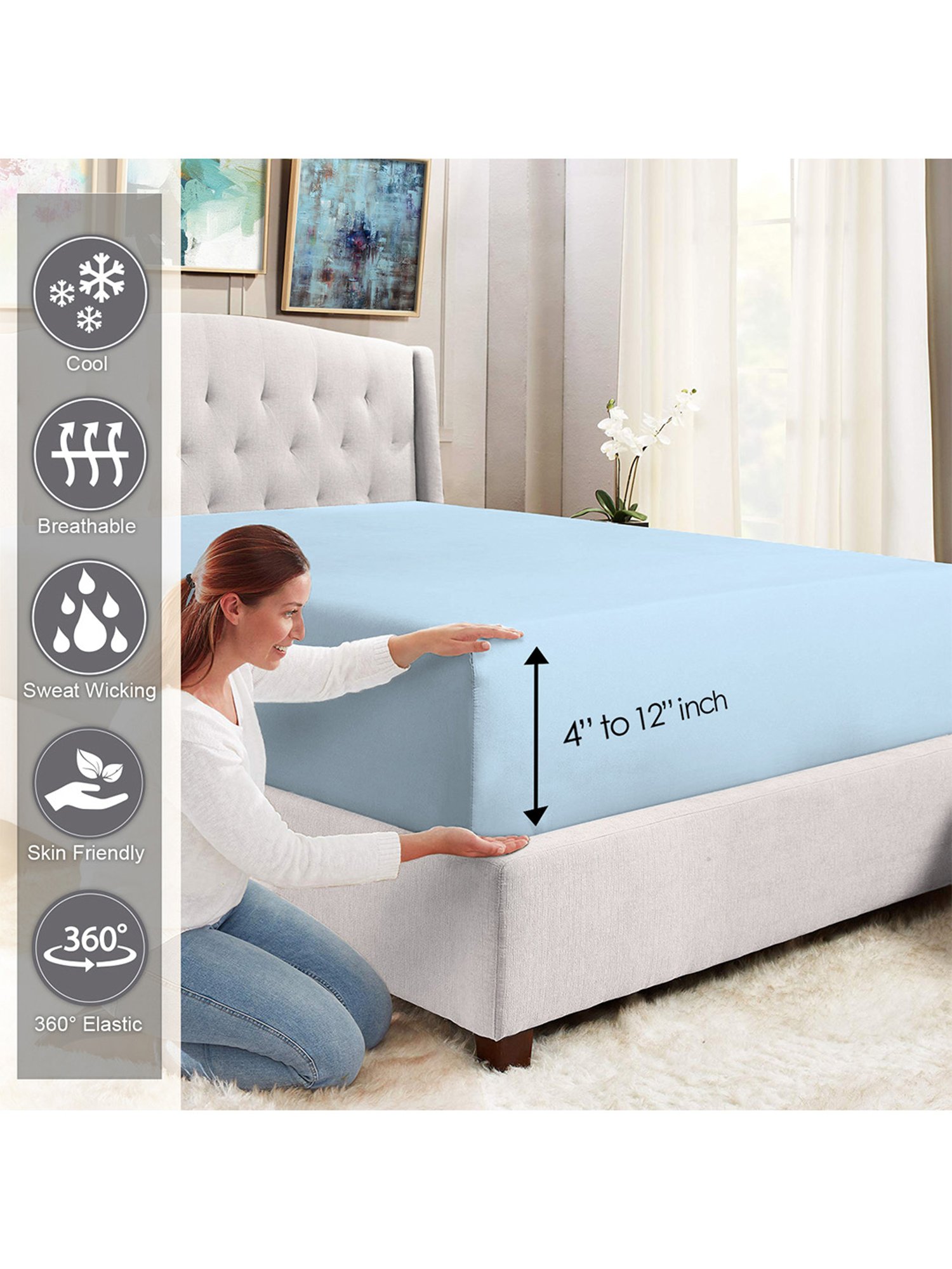 Pizuna Sky Blue 400TC Cotton Fitted Bed Sheet with 2 Pillow Covers