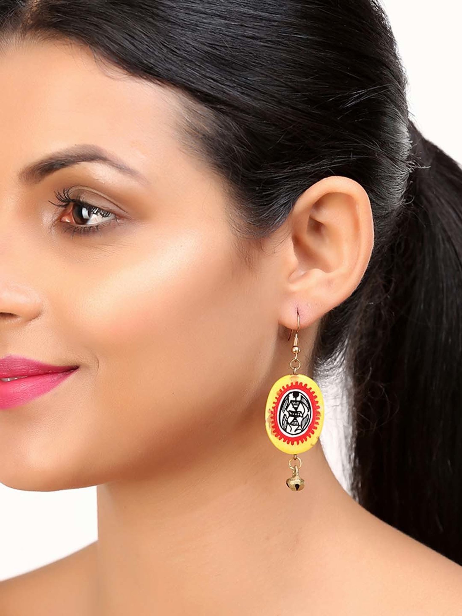 ExclusiveLane 'Tribal Warli Ovates' Amber Yellow & Red Resin Earrings Handpainted in Warli Art