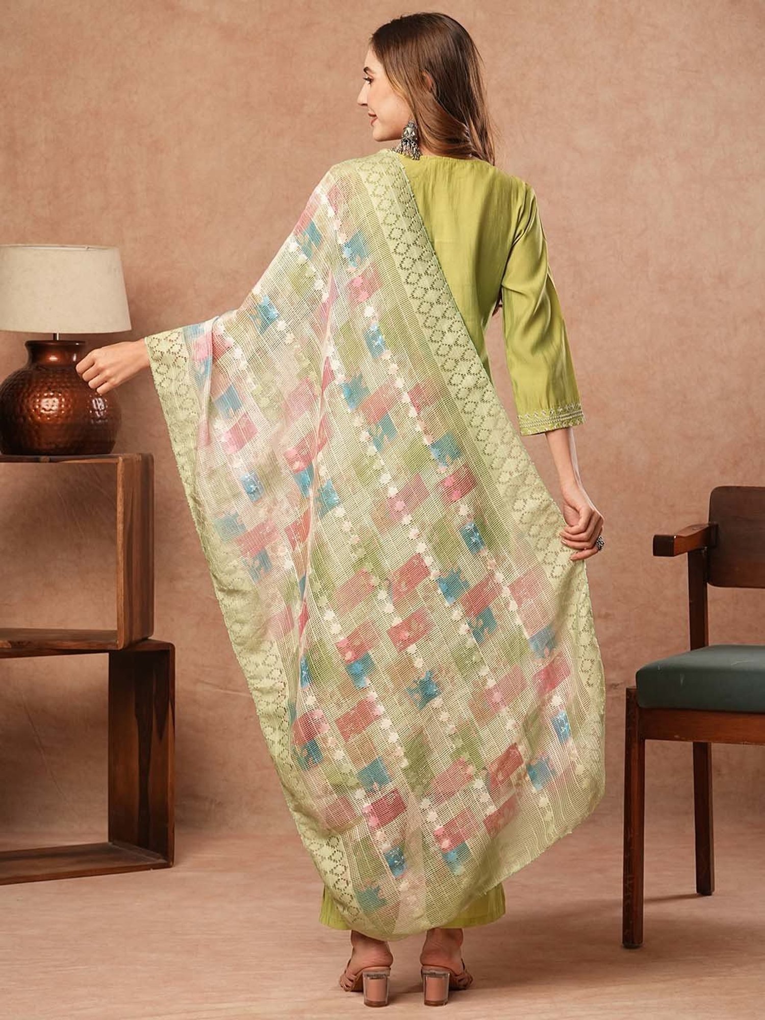 Fashor Green Plain Kurta & Pants Set with Dupatta