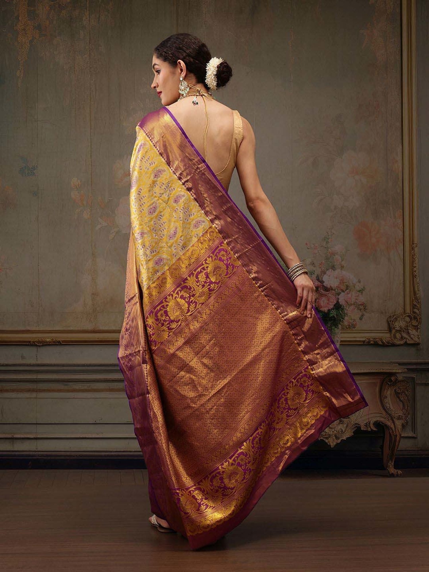 Silk Land Mustard Silk Woven Saree With Unstitched Blouse