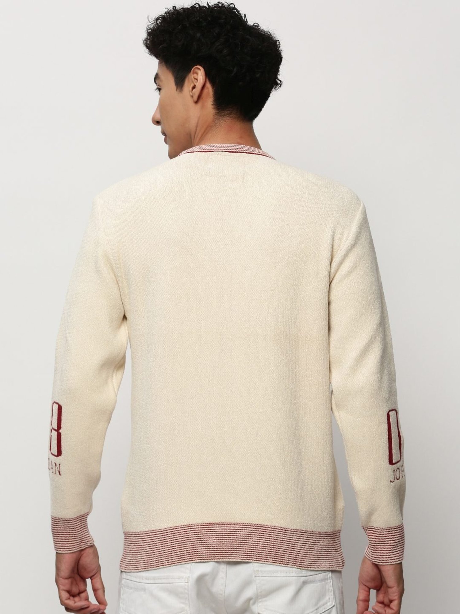 SHOWOFF Cream Slim Fit Self Pattern Sweater