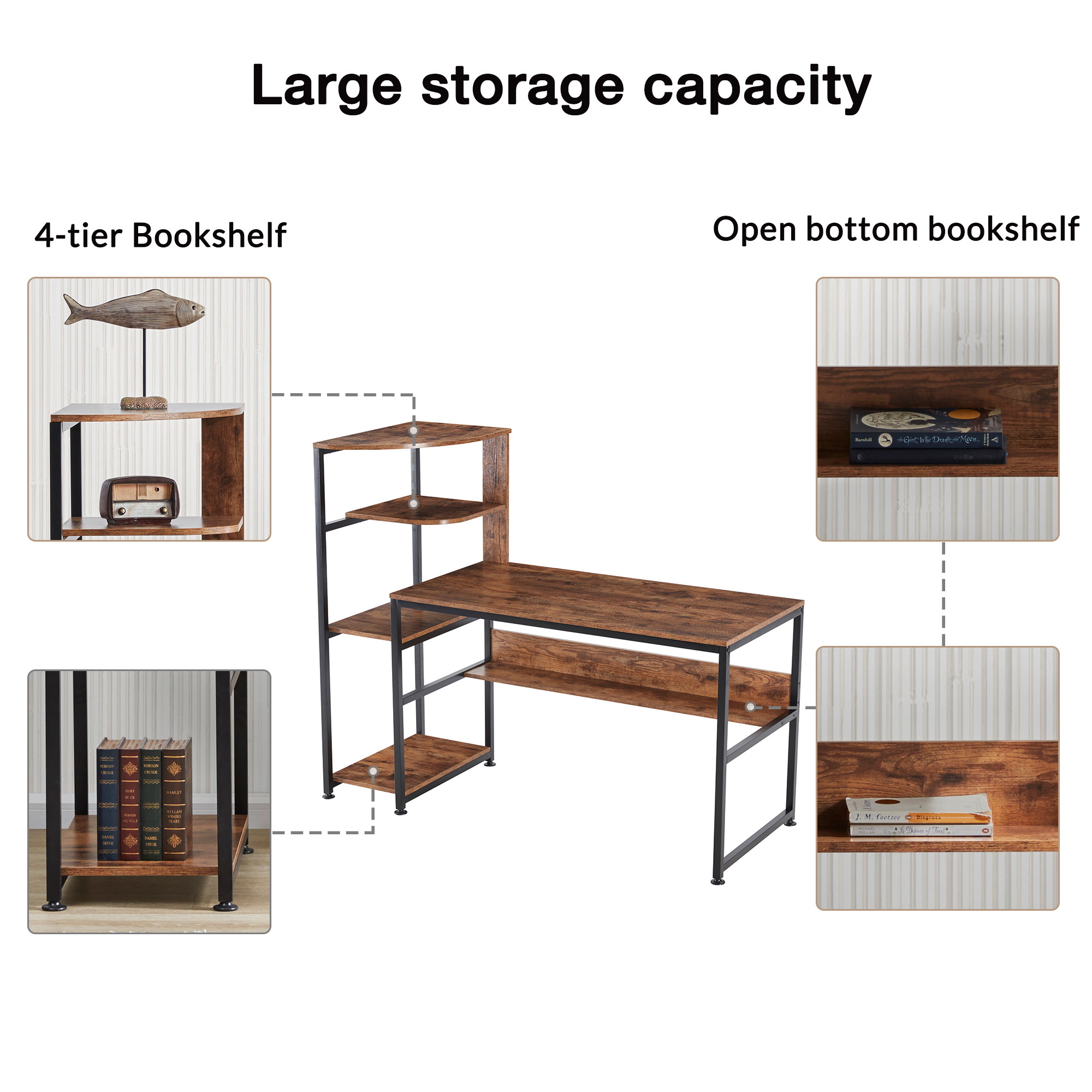 59" Home Office Computer Desk Large Modern Office Desk Study Writing Table Gaming Desk Workstation with 4-Tier Storage Shelves, Bookshelf and Tower Shelf Brown