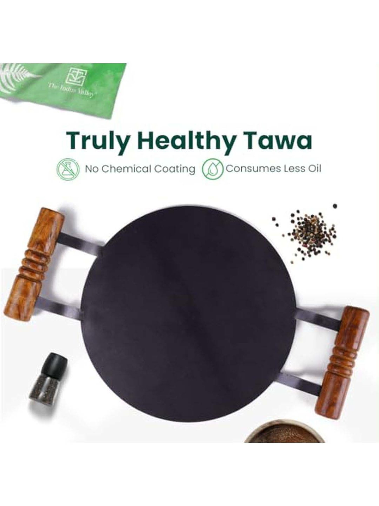 The Indus Valley Black Iron Induction Friendly 30.4cm Round Tawa With Wooden Handle