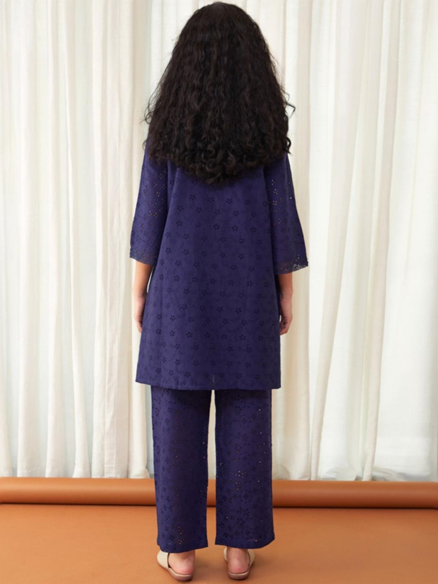 Bombay Bloom Midnight Blue Flared Cutwork Cotton Tunic with Pant Co-ord Set