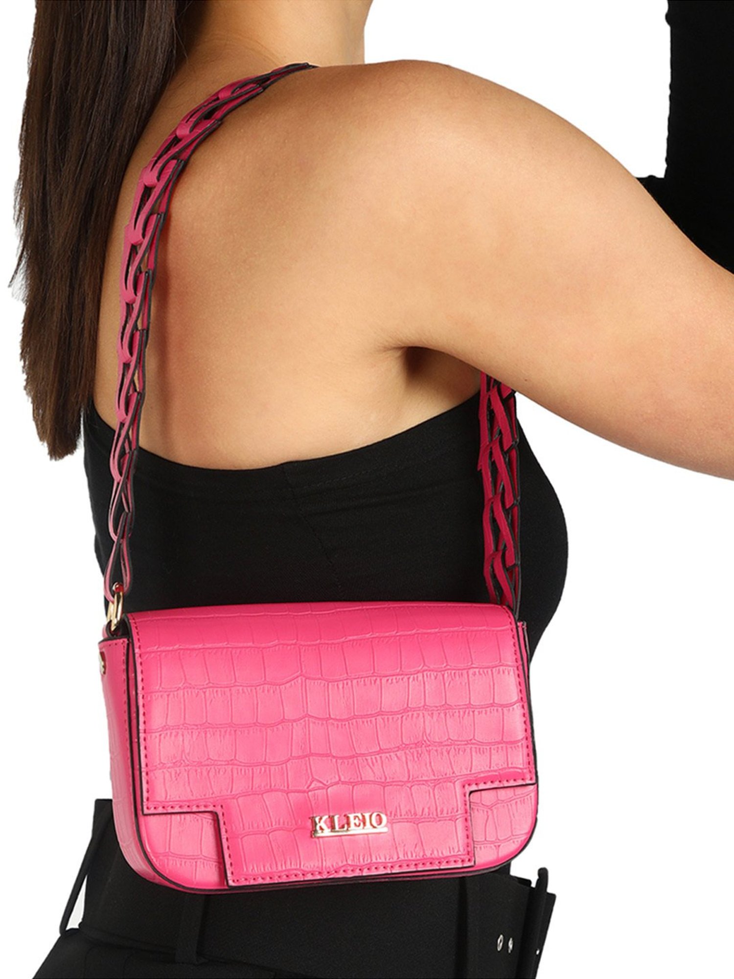KLEIO Croco Mini Pink Small Leather Shoulder Handbag