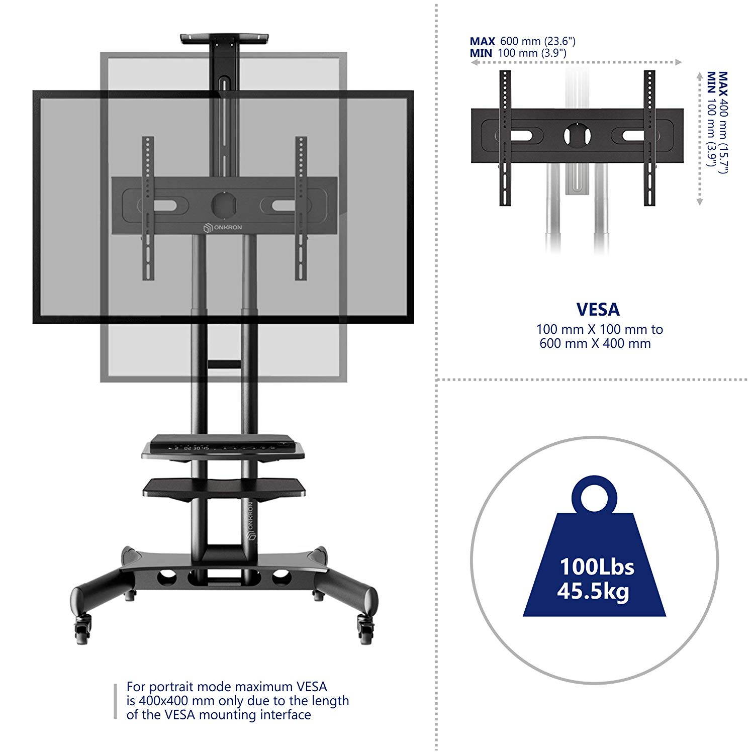 ONKRON Mobile TV Stand TV Cart with wheels & 2 AV Shelves for 32&rdquo; &ndash; 65 inch LCD LED OLED Flat Panel Plasma Screens up to 100 lbs Black TS1552