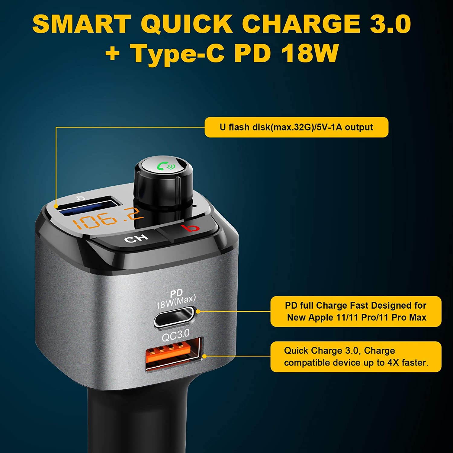 Bluetooth 5.0 FM car transmitter, QC3.0+Type-C PD 18W wireless Bluetooth FM radio adapter bass music player FM car kit, with hands-free call and 3 USB port chargers to support USB driver