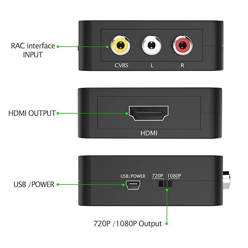 RCA to HDMI Converter 1080p 3RCA to HDMI CVBS AV Composite Video Audio Adapter with USB Charge Cable Support 1080P for PC Laptop Xbox PS4 PS3 TV STB VHS VCR Camera DVD