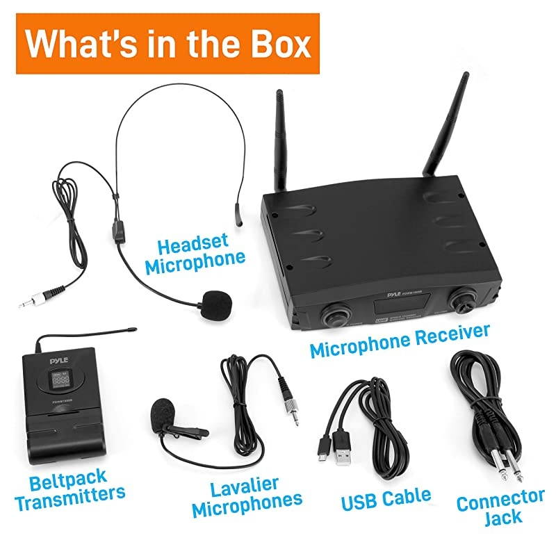 Compact UHF Wireless Microphone System Pro Portable 1 Channel Desktop Digital Mic Receiver Set w BeltPack Transmitter Receiver Headset and Lavalier Mics XLR For Home PA  PDWM1988BBlack