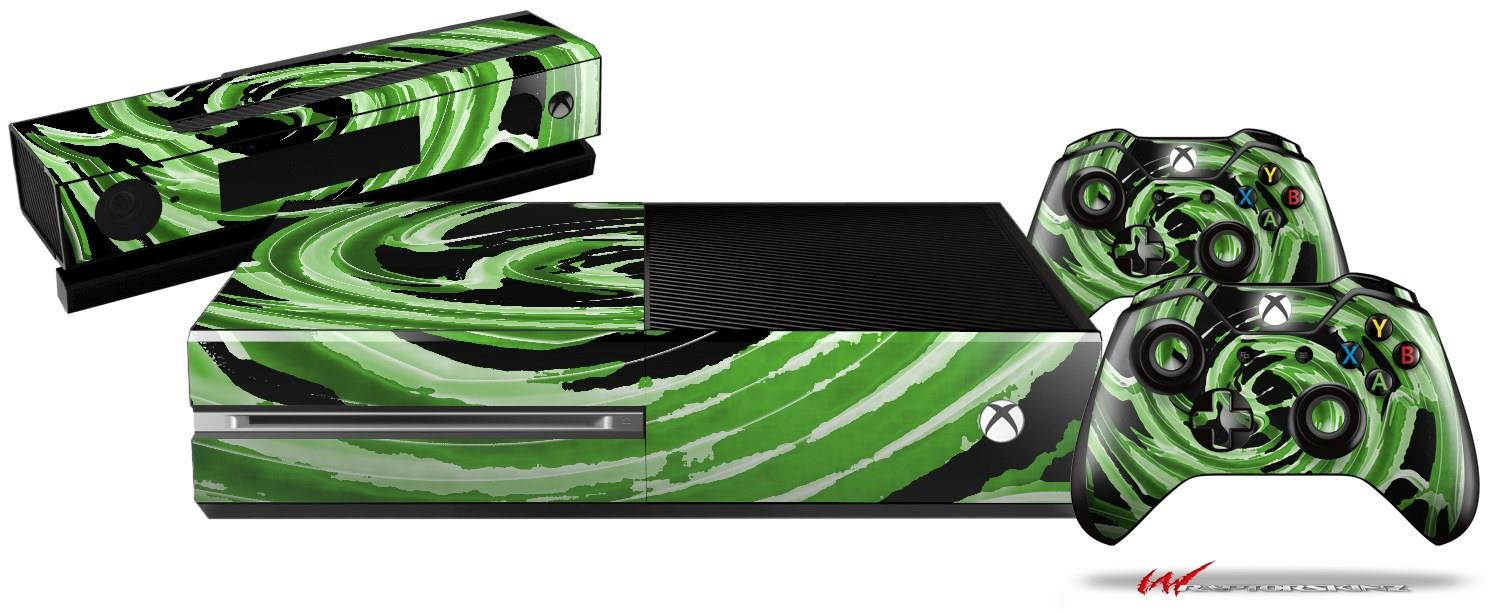 Alecias Swirl 02 Green - Holiday Bundle Decal Style Skin Set fits XBOX One Console, Kinect and 2 Controllers (XBOX SYSTEM SOLD SEPARATELY)