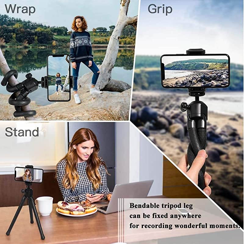 Phone Tripod Stand,  Flexible Cell Phone Selfie Stick Tripod with Wireless Remote Control Camera Tripod Stand Holder Mount and Phone Clip for iPhone, Android Phone, DSLR Sports Camera