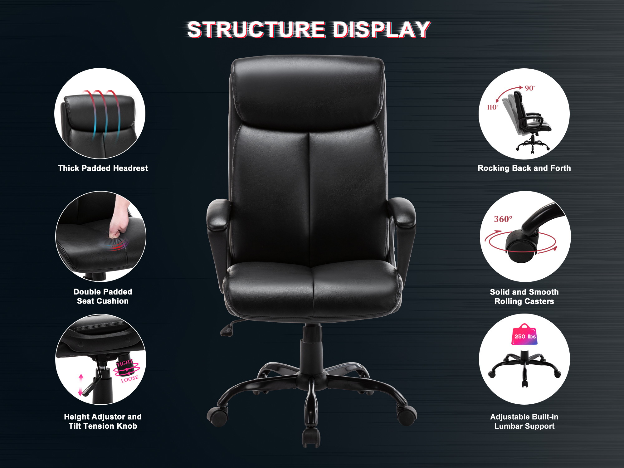 STARSPACE Executive Bonded Leather Office Chair - Adjustable Height Modern Executive Swivel High Task Chair with Padded Armrests and Lumbar Support