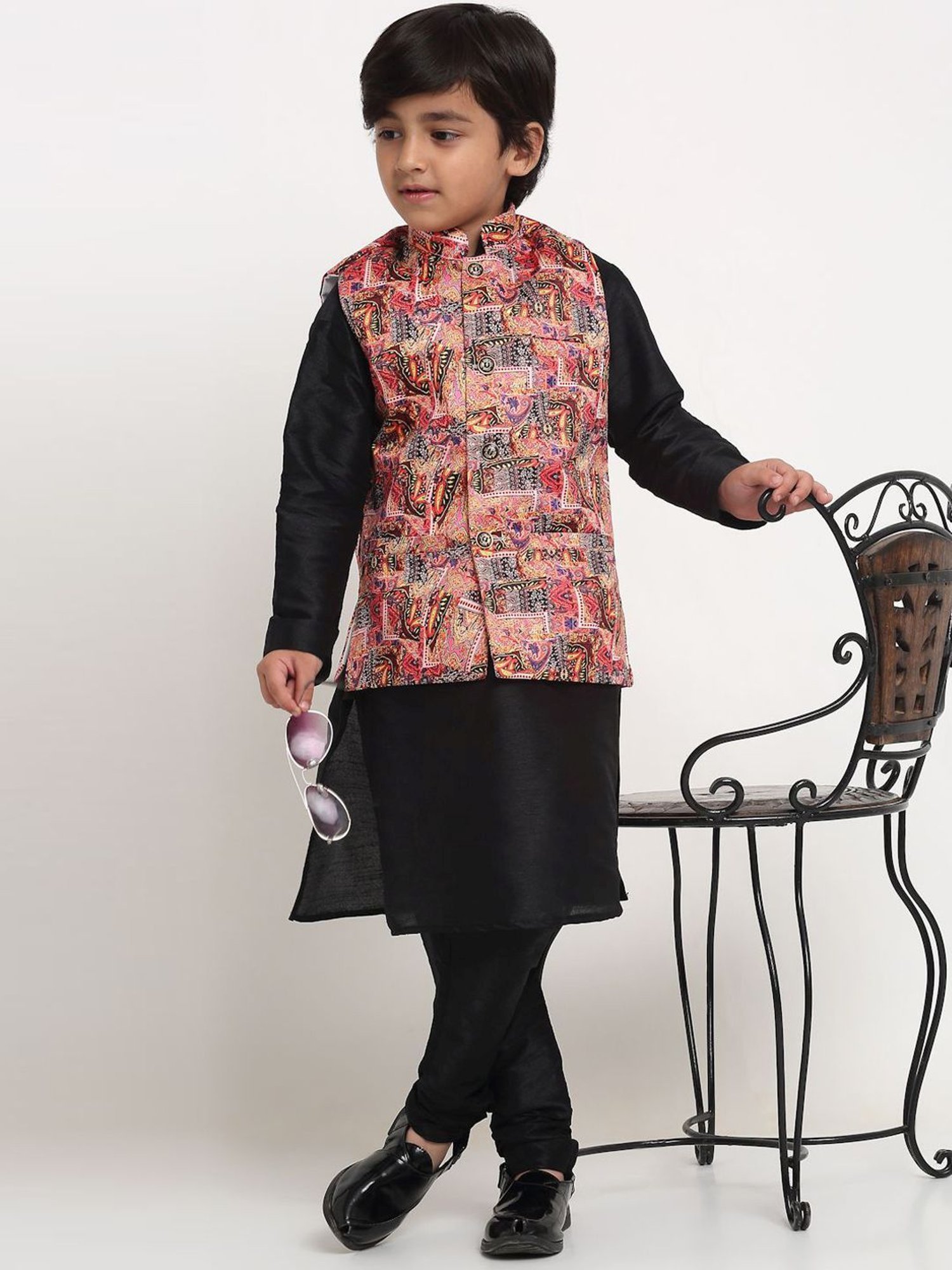 Benstoke Kids Pink & Yellow Printed Nehru Jacket