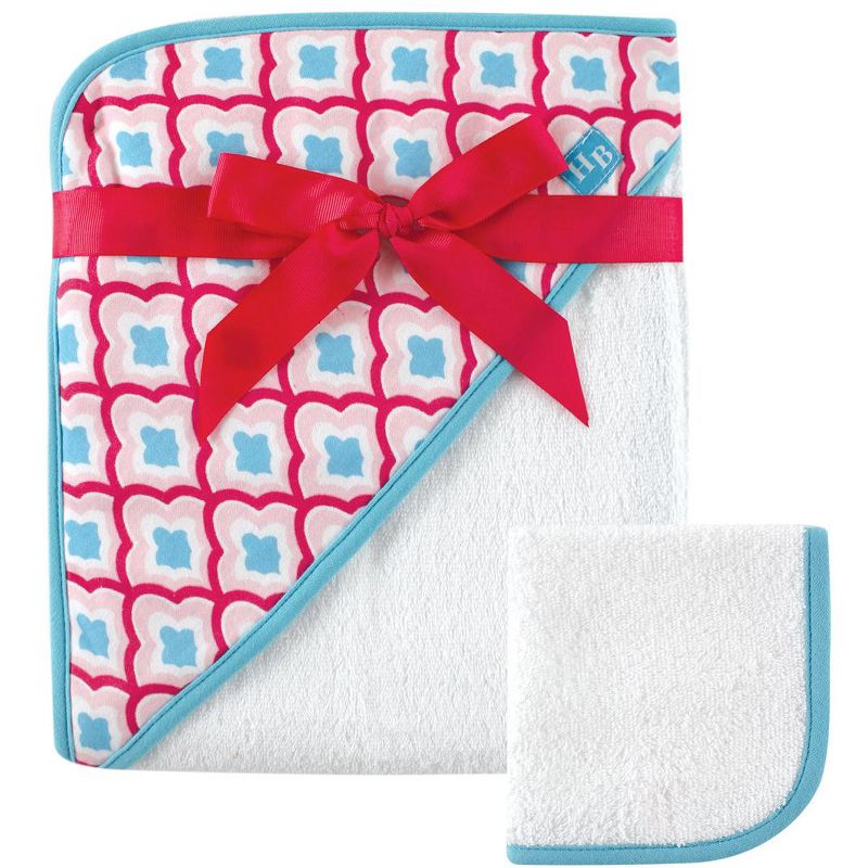 Hudson Baby Infant Girl Cotton Hooded Towel and Washcloth 2pc Set, Dark Pink, One Size