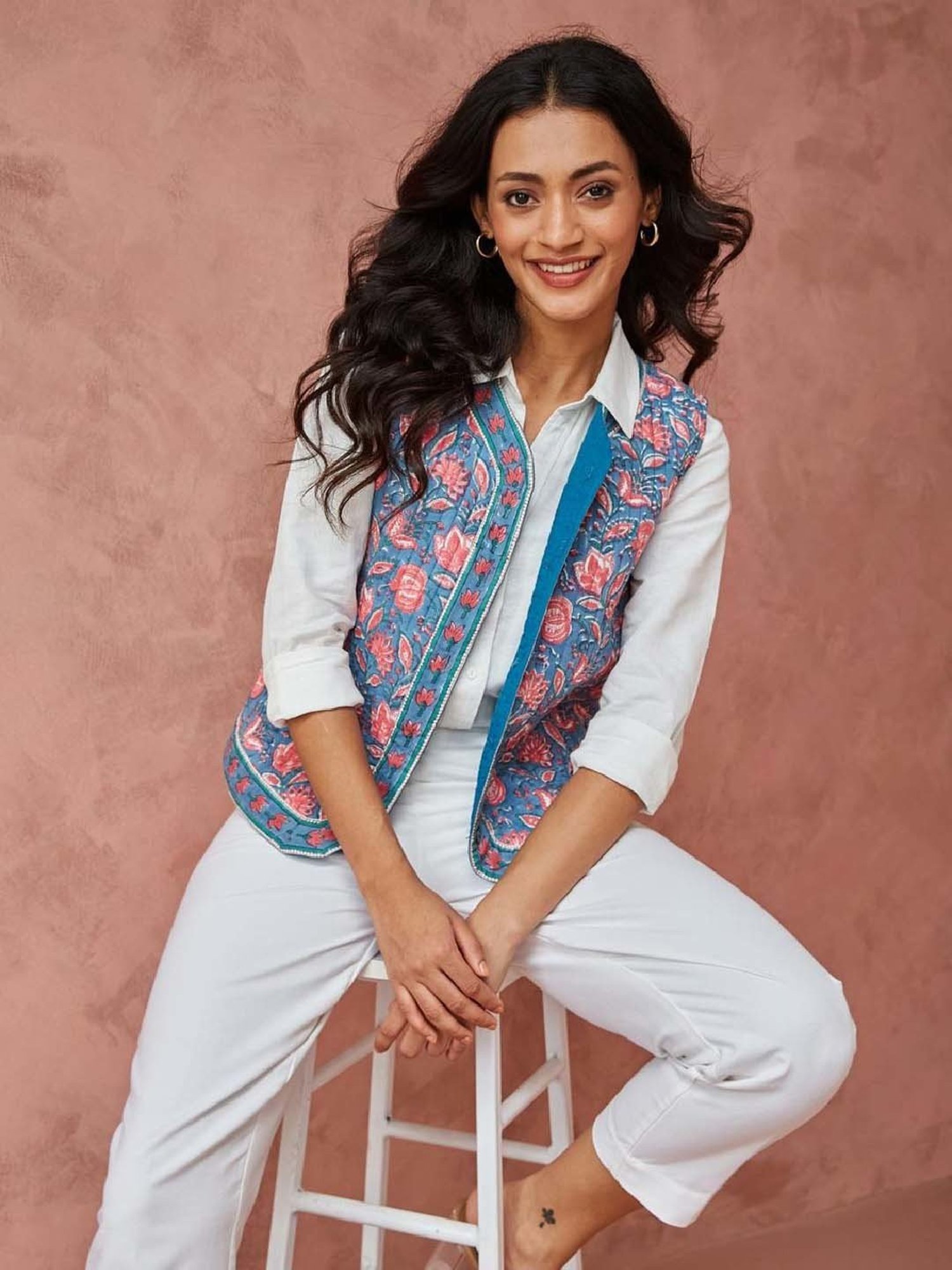 Fabindia Blue Cotton Printed Jacket