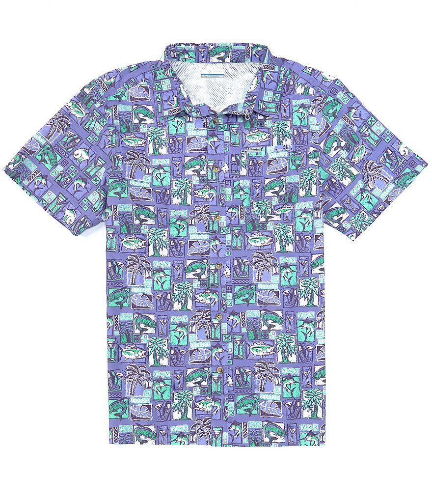 Columbia PFG Super Slack Tide Fish Novelty Print Short-Sleeve Pocket Camp Shirt