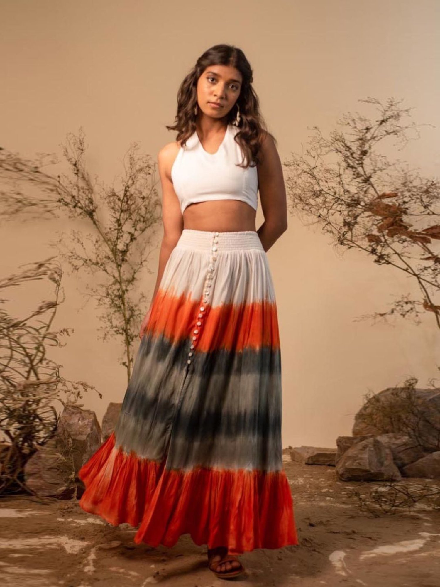 LABEL REYYA White Halter Neck Top And Tie-dye Skirt Co-ord Set (Set Of 2)