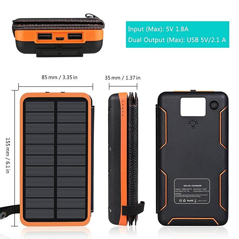 25000mAh Solar Charger  Portable Solar Power Bank with Dual 21A Outputs Waterproof External Battery Pack Compatible Most Smart Phones Tablets and More