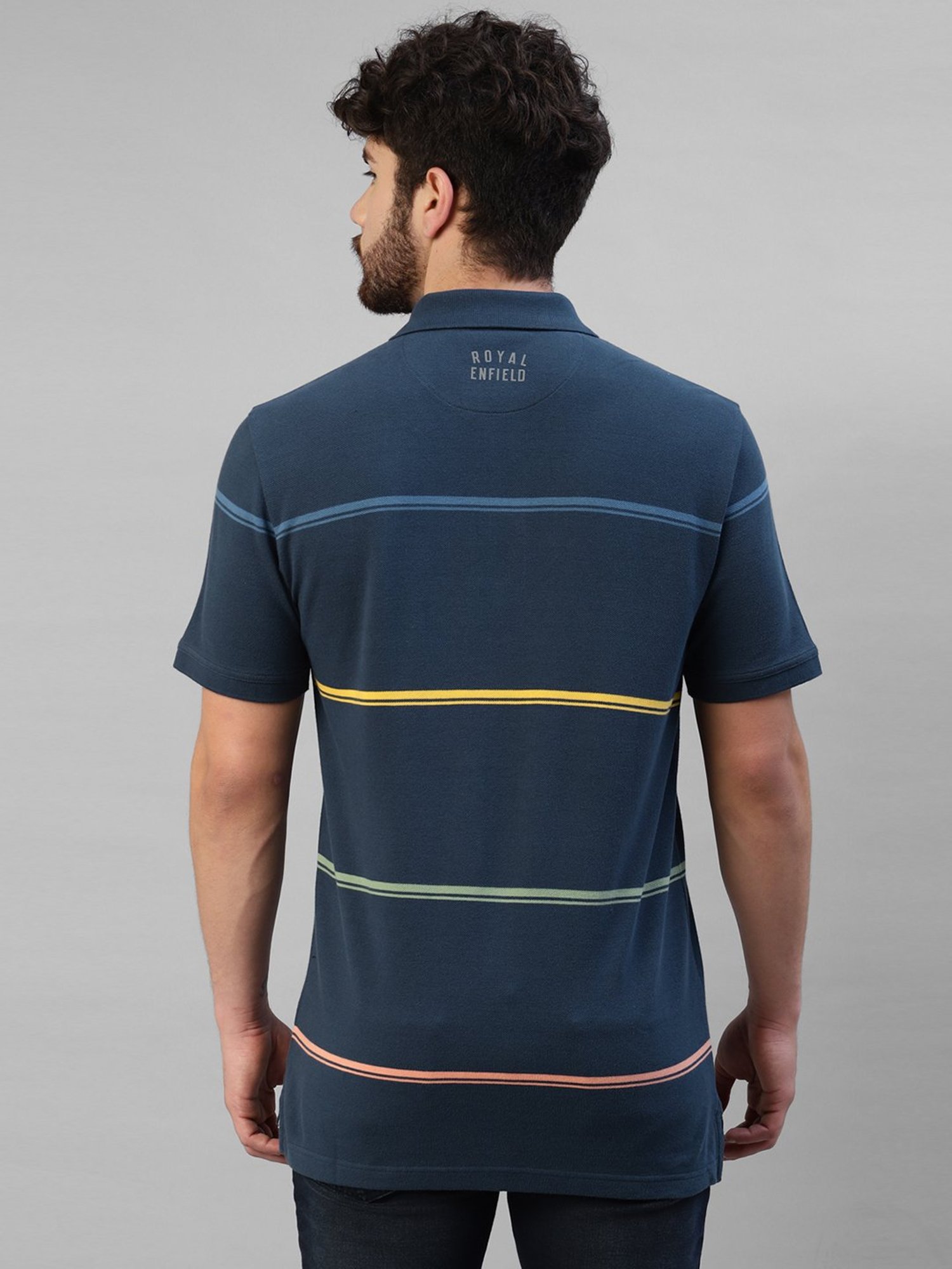 Royal Enfield Navy Regular Fit Thick & Thin Pin Polo T-Shirt