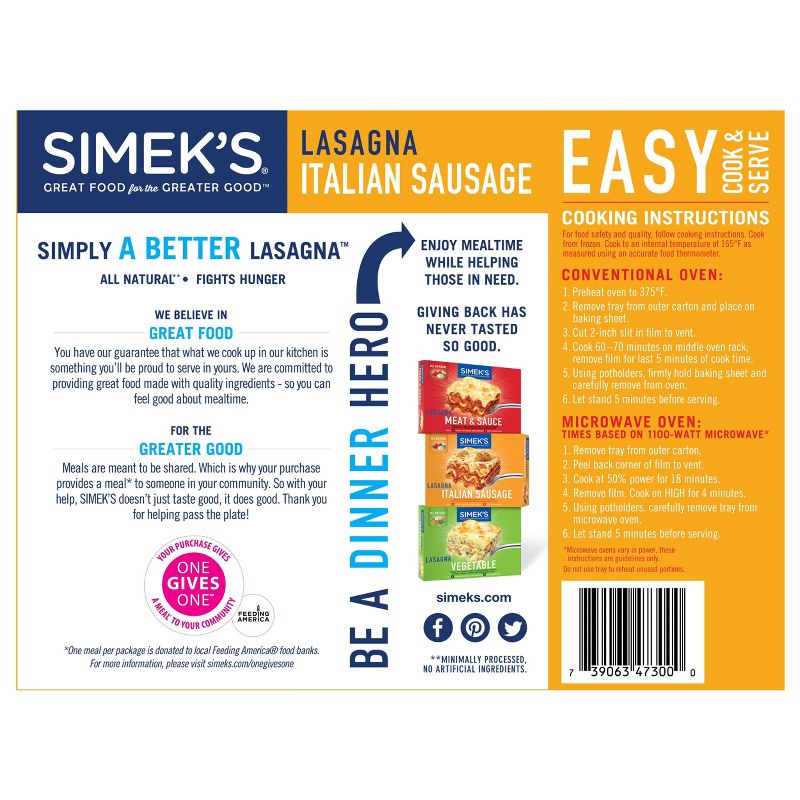SIMEK'S All Natural Italian Sausage Lasagna – 32oz