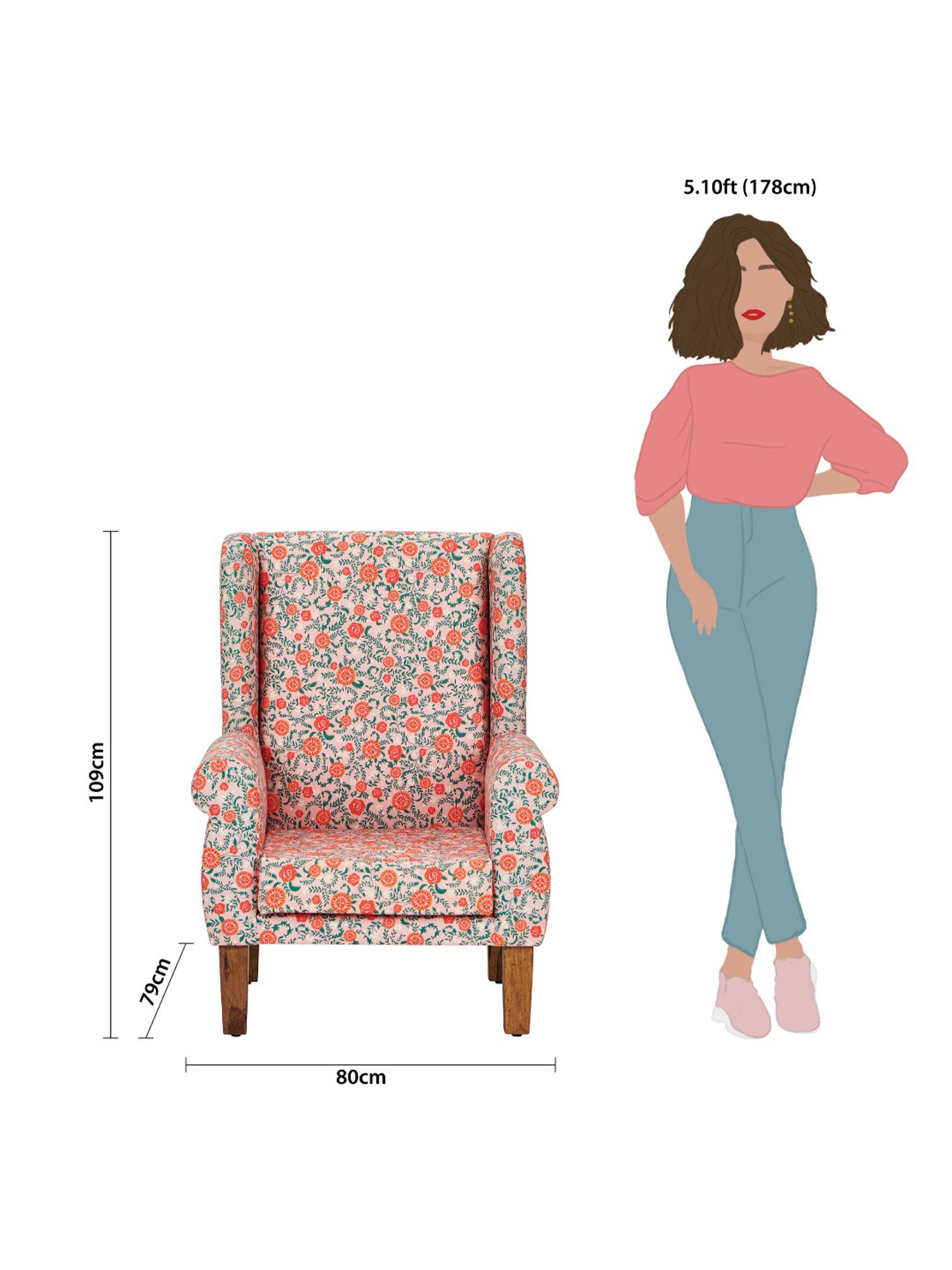 Chumbak Earthy Floral Red Sheesham Wood Begum Wing Chair