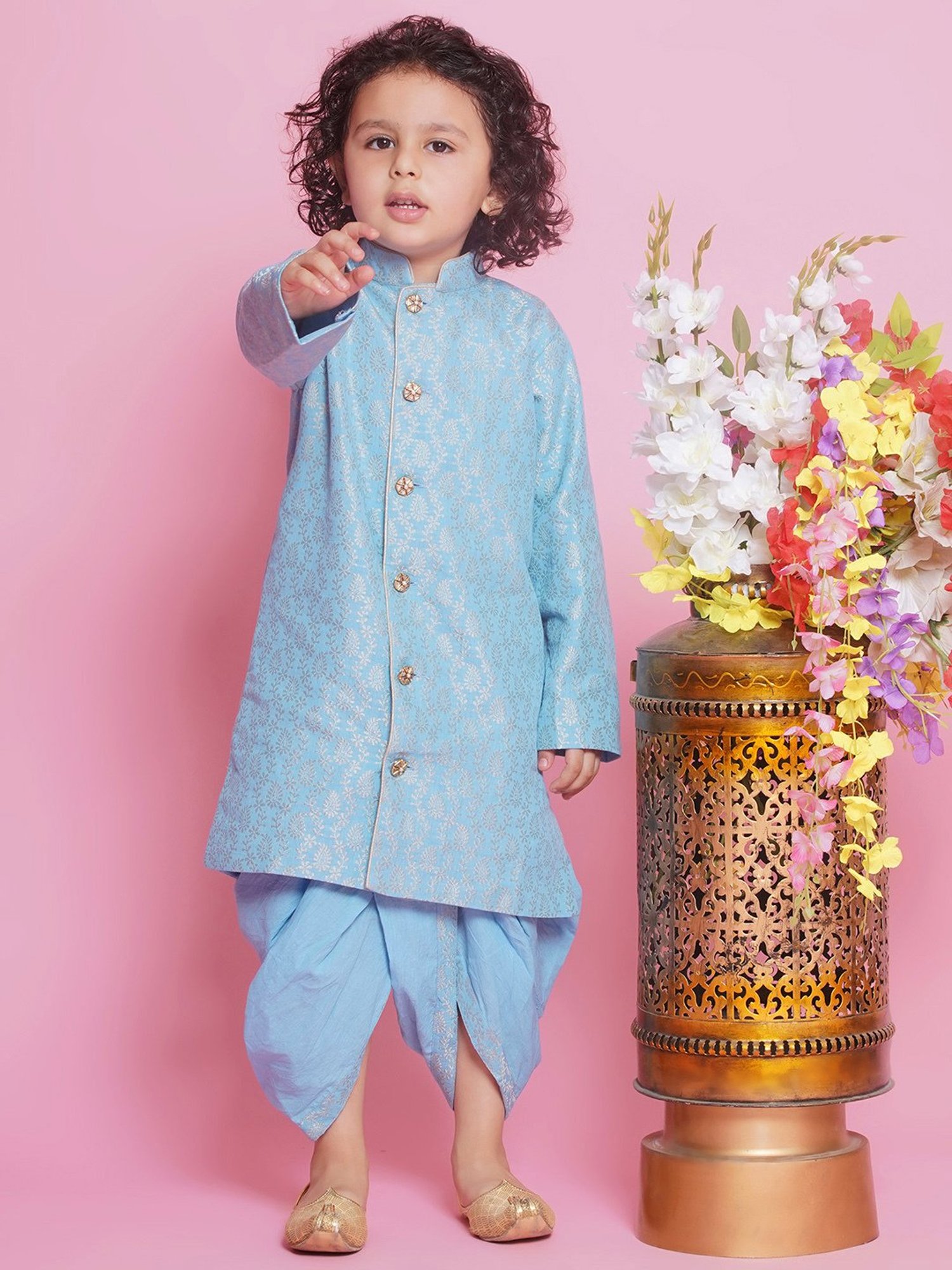 Little Bansi Kids Blue Embroidered Full Sleeves Sherwani with Dhoti