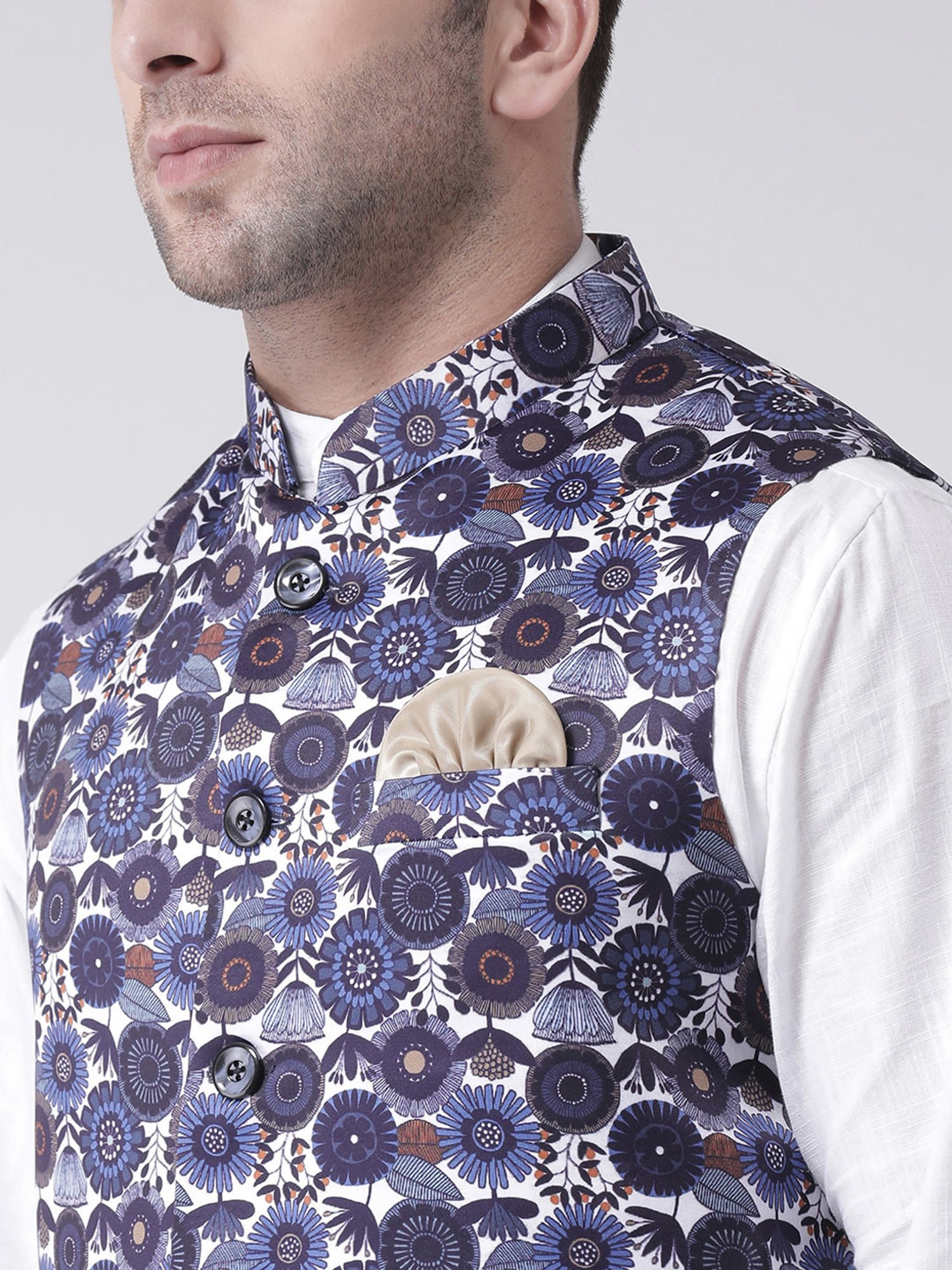 Hangup Plus White & Blue Regular Fit Floral Print Nehru Jacket